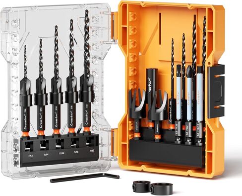 Crosstar 18Pc Countersink Drill Bit Set,Wood Plug Cutter,M2 HSS,1/4" Hex | Two-Flute Bits,Tapered Pilot Bits,Sizes #4-#12,Stop Rings,Magnetic Holder,S2 Screwdriver Bits,Storage Case in Kuwait