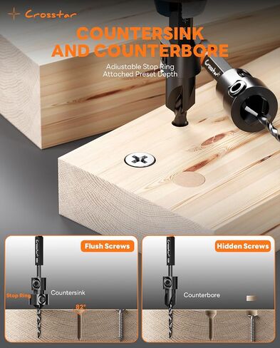 Crosstar 18Pc Countersink Drill Bit Set,Wood Plug Cutter,M2 HSS,1/4" Hex | Two-Flute Bits,Tapered Pilot Bits,Sizes #4-#12,Stop Rings,Magnetic Holder,S2 Screwdriver Bits,Storage Case in Kuwait