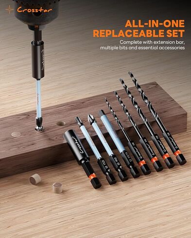 Crosstar 18Pc Countersink Drill Bit Set,Wood Plug Cutter,M2 HSS,1/4" Hex | Two-Flute Bits,Tapered Pilot Bits,Sizes #4-#12,Stop Rings,Magnetic Holder,S2 Screwdriver Bits,Storage Case in Kuwait