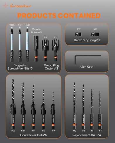 Crosstar 18Pc Countersink Drill Bit Set,Wood Plug Cutter,M2 HSS,1/4" Hex | Two-Flute Bits,Tapered Pilot Bits,Sizes #4-#12,Stop Rings,Magnetic Holder,S2 Screwdriver Bits,Storage Case in Kuwait