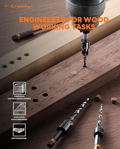 Crosstar 18Pc Countersink Drill Bit Set,Wood Plug Cutter,M2 HSS,1/4" Hex | Two-Flute Bits,Tapered Pilot Bits,Sizes #4-#12,Stop Rings,Magnetic Holder,S2 Screwdriver Bits,Storage Case in Kuwait