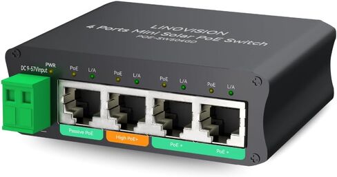 LINOVISION 4 Ports Mini Solar PoE Switch Works with DC12V / 24V Batteries | DC 9～57V Input, Provide 2 PoE+ Ports, 1 High PoE+ Port for Big PTZ Cameras and 1 Passive 24V PoE Port for Bridge in Kuwait
