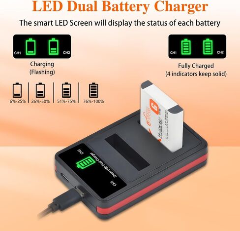 Pickle Power NP-BG1 Battery and LED Dual Charger Replacement for Sony NP-FG1 NPBG1 G Type Battery and Cybershot DSC H9/H10 Series,DSC-HX5V,HX9V,W30,W50,W55,W70,W80,W630,T20/T100 Series Camera in Kuwait