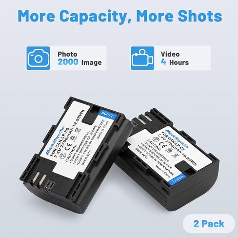 2 Pack LP-E6N LP E6 Battery Compatible with Canon EOS R R5 R6 R7, R5 C, R6 Mark II, EOS 5D Mark II III IV, 5D SR, 6D Mark II 7D Mark II,6D 7D 90D 80D 70D 60D 60Da, XC10 XC15 Cameras in Kuwait