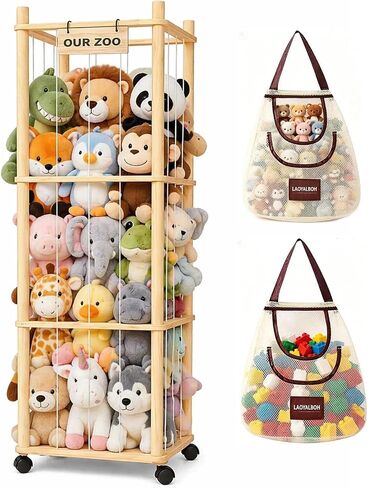 Stuffed Animal Storage & Organizer, Wooden Cute Zoo | 2 Removable Hanging Storage Net, Toy Holder, For Toddler Rooms, Playrooms & Bedrooms in Kuwait