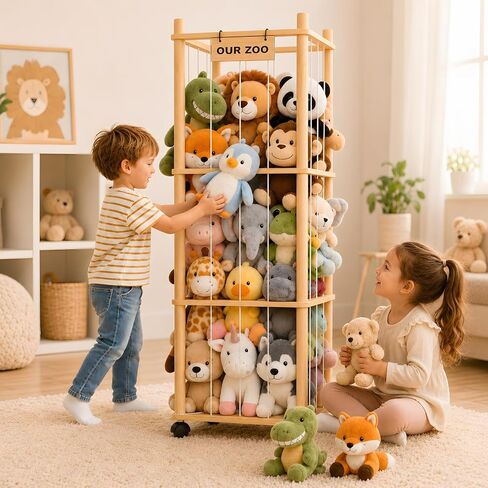 Stuffed Animal Storage & Organizer, Wooden Cute Zoo | 2 Removable Hanging Storage Net, Toy Holder, For Toddler Rooms, Playrooms & Bedrooms in Kuwait