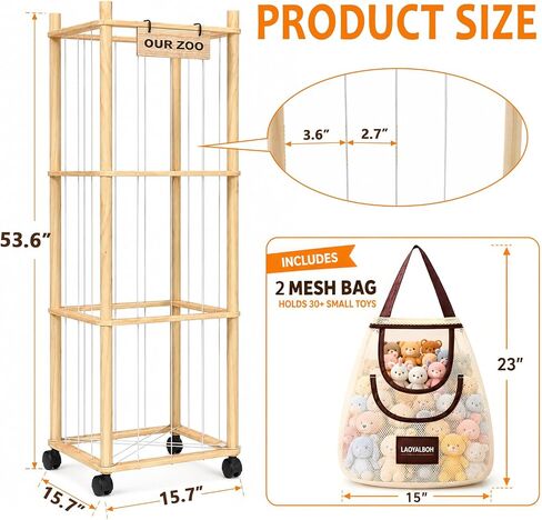 Stuffed Animal Storage & Organizer, Wooden Cute Zoo | 2 Removable Hanging Storage Net, Toy Holder, For Toddler Rooms, Playrooms & Bedrooms in Kuwait