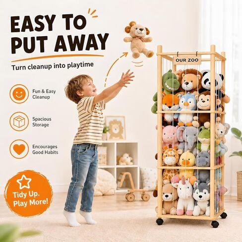 Stuffed Animal Storage & Organizer, Wooden Cute Zoo | 2 Removable Hanging Storage Net, Toy Holder, For Toddler Rooms, Playrooms & Bedrooms in Kuwait