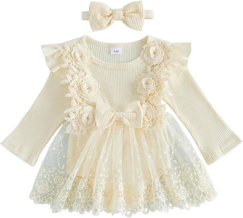Infant Baby Girl Fall Clothes Romper Mesh Tulle Skirt Newborn Outfits | Long Sleeve Crew Neck Patchwork Flower Dress Hem Ribbed Bodysuit Cute Daily Party Jumpsuit in Kuwait