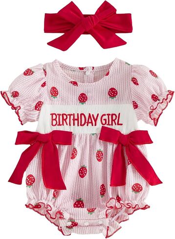 Baby Girl Birthday Outfit Strawberry Cherry Print Short Sleeve Stripe Bubble Romper Headband Infant Cake Smash Clothes in Kuwait
