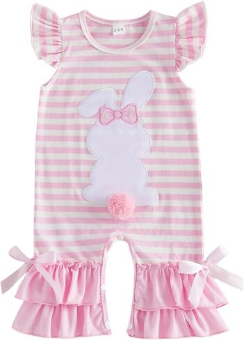 FYBITBO My First Easter Baby Girl Outfit Newborn Bunny Embroidery Romper Jumpsuit Ruffle Sleeve Overalls Bell Bottoms Clothes in Kuwait