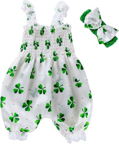 Baby Girl Four Leaves Clover Romper Jumpsuit Green Overall Bodysuit | Infant Toddler Clover Romper St Patrick's Day Jumpsuit One Piece Bodysuit Onesie Tops with Headband in Kuwait
