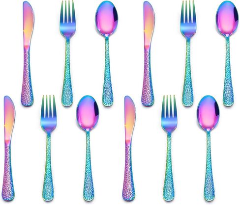 E-far 12-Piece Kids Silverware, Stainless Steel Toddler Preschooler Utensils with Adult Look, Hammered Flatware Includes 4 Forks 4 Spoons 4 Knives, Safe for Self Feeding, Non-Toxic & Dishwasher Safe in Kuwait