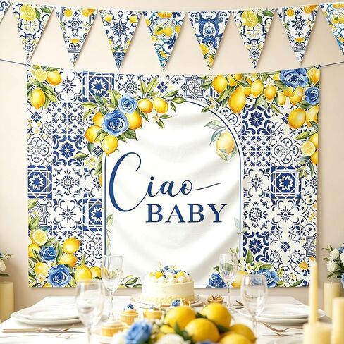 Capri Lemon Baby Shower Decor Ciao Baby Backdrop Blue Tile Lemon Banner | 5x4ft Italian Capri Lemon Baby Shower Backdrop Banner Mediterranean Themed Ciao Baby Baby Shower Decorations Party Supplies in Kuwait