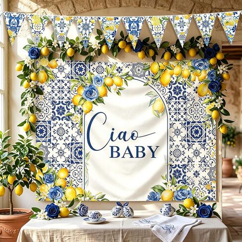 Capri Lemon Baby Shower Decor Ciao Baby Backdrop Blue Tile Lemon Banner | 5x4ft Italian Capri Lemon Baby Shower Backdrop Banner Mediterranean Themed Ciao Baby Baby Shower Decorations Party Supplies in Kuwait