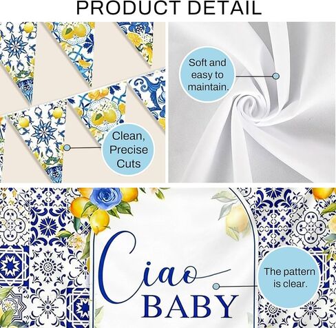 Capri Lemon Baby Shower Decor Ciao Baby Backdrop Blue Tile Lemon Banner | 5x4ft Italian Capri Lemon Baby Shower Backdrop Banner Mediterranean Themed Ciao Baby Baby Shower Decorations Party Supplies in Kuwait