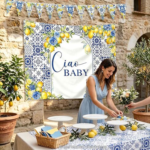 Capri Lemon Baby Shower Decor Ciao Baby Backdrop Blue Tile Lemon Banner | 5x4ft Italian Capri Lemon Baby Shower Backdrop Banner Mediterranean Themed Ciao Baby Baby Shower Decorations Party Supplies in Kuwait