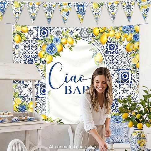Capri Lemon Baby Shower Decor Ciao Baby Backdrop Blue Tile Lemon Banner | 5x4ft Italian Capri Lemon Baby Shower Backdrop Banner Mediterranean Themed Ciao Baby Baby Shower Decorations Party Supplies in Kuwait
