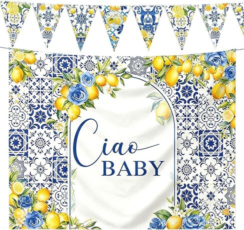 Capri Lemon Baby Shower Decor Ciao Baby Backdrop Blue Tile Lemon Banner | 5x4ft Italian Capri Lemon Baby Shower Backdrop Banner Mediterranean Themed Ciao Baby Baby Shower Decorations Party Supplies in Kuwait