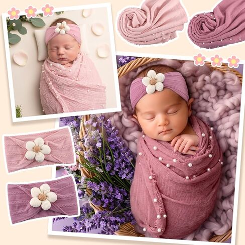 6 Pcs Baby Flower Headbands Baby Props Photography Wrap Kit Newborn Photography Props 67 x 35 inch Soft Hairbands Hair Accessories for Boy Girl Newborn Outfits Infant Toddler in Kuwait