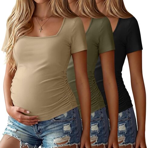 3 Pack Womens Maternity Short Sleeve Shirts | Square Neck, Side Ruched, Knitted, Pregnancy Tees, Summer, Casual, Stretchy, Soft, Comfortable, Workout, Yoga, Lounge in Saudi Arabia