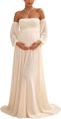 Maternity Maxi Dress Off Shoulder Long Puff Sleeve Baby Shower Gown | Airy chiffon off shoulder maternity bodycon dress , elegant for shower, maternity photoshoot & wedding guest occasions in Kuwait