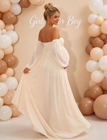 Maternity Maxi Dress Off Shoulder Long Puff Sleeve Baby Shower Gown | Airy chiffon off shoulder maternity bodycon dress , elegant for shower, maternity photoshoot & wedding guest occasions in Kuwait
