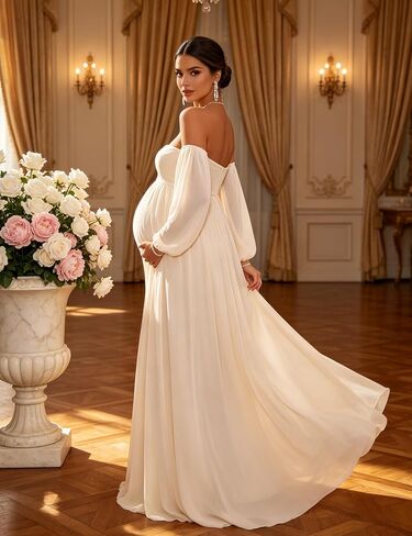 Maternity Maxi Dress Off Shoulder Long Puff Sleeve Baby Shower Gown | Airy chiffon off shoulder maternity bodycon dress , elegant for shower, maternity photoshoot & wedding guest occasions in Kuwait