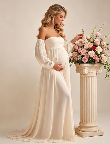 Maternity Maxi Dress Off Shoulder Long Puff Sleeve Baby Shower Gown | Airy chiffon off shoulder maternity bodycon dress , elegant for shower, maternity photoshoot & wedding guest occasions in Kuwait
