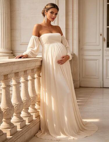Maternity Maxi Dress Off Shoulder Long Puff Sleeve Baby Shower Gown | Airy chiffon off shoulder maternity bodycon dress , elegant for shower, maternity photoshoot & wedding guest occasions in Kuwait