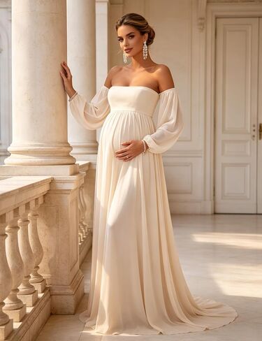 Maternity Maxi Dress Off Shoulder Long Puff Sleeve Baby Shower Gown | Airy chiffon off shoulder maternity bodycon dress , elegant for shower, maternity photoshoot & wedding guest occasions in Kuwait