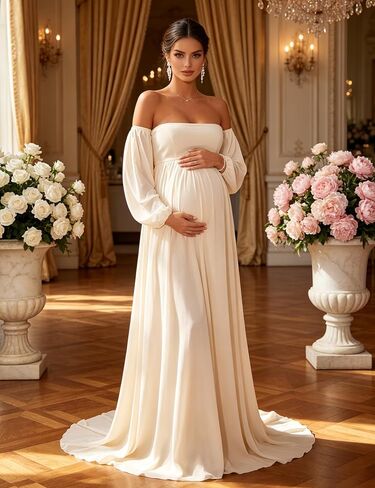Maternity Maxi Dress Off Shoulder Long Puff Sleeve Baby Shower Gown | Airy chiffon off shoulder maternity bodycon dress , elegant for shower, maternity photoshoot & wedding guest occasions in Kuwait