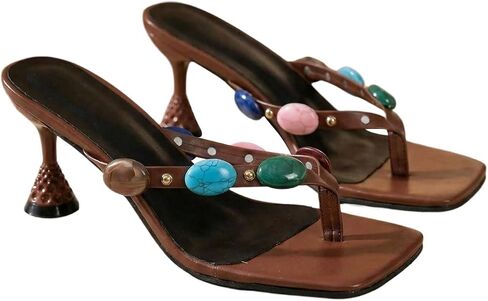RoseSeek Women's Strappy Heels Sandals Jeweled Flip Flop Slip On Kitten Heels Summer Boho Sandals Shoes in Kuwait