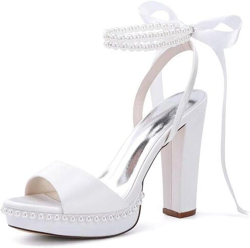 Platform Heels Wedding Shoes for Bride Block Heel Wedding Sandals Pearl Heels Bridal Shoes in Kuwait