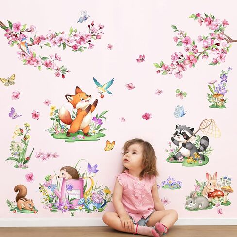 Supzopne Cherry Blossom Animals Wall Decals - Spring Forest Fox Raccoon Bunny Vinyl Stickers for Girls Kids Room Nursery Bedroom, Removable Peel and Stick Flower & Animal Wall Art Decor in Kuwait