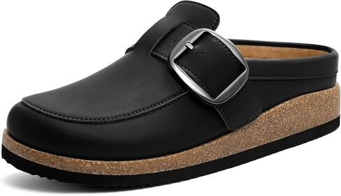 KIDMI Women's Vegan Leather Slip On Clogs with Big Buckle | Classic Loafer-inspired Design, Supportive Cork Footbed, and Cushioned Foam Midsole for Everyday Wear in Kuwait