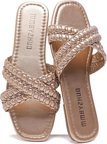 Women's Flat Sandals Summer Sandals Comfortable Slip On Leather Slide Sandals for Women Braided Sandals in Kuwait