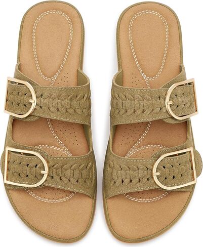 Womens Slide Comfort Sandals: Easy Slip-On & Woven Suede Upper for Errands - Cushioned Insoles & Adjustable Buckle for All-Day Confidence Walking - Active Women in Saudi Arabia