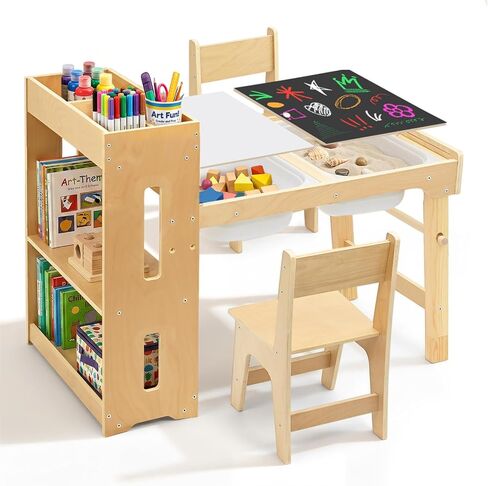 6-in-1 Kids Art Table and Chairs,Sensory Table and 2 Chairs FSC Safe | Height Adjustable Toddler Activity Table with Storage Cabinet & 3 Bins, Graffiti Tabletop Art Desk with Paper Holder 2-8 Gift in Kuwait