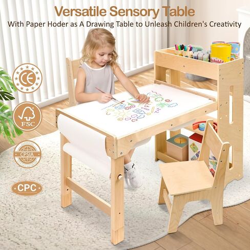 6-in-1 Kids Art Table and Chairs,Sensory Table and 2 Chairs FSC Safe | Height Adjustable Toddler Activity Table with Storage Cabinet & 3 Bins, Graffiti Tabletop Art Desk with Paper Holder 2-8 Gift in Kuwait