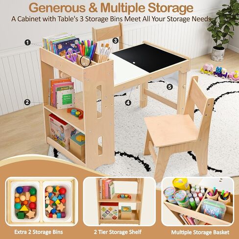 6-in-1 Kids Art Table and Chairs,Sensory Table and 2 Chairs FSC Safe | Height Adjustable Toddler Activity Table with Storage Cabinet & 3 Bins, Graffiti Tabletop Art Desk with Paper Holder 2-8 Gift in Kuwait