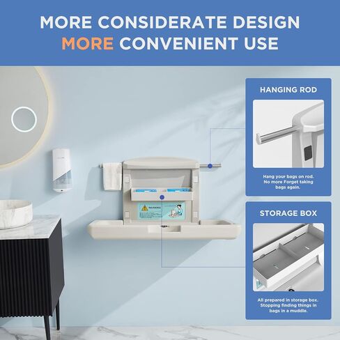 Commercial Baby Changing Station Wall Mounted, Horizontal Fold-Down Baby Changing Table, Heavy Duty 200lb Capacity, Space Saving Diaper Changing Station for Restroom & Public Facilities in Kuwait