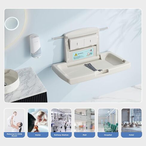 Commercial Baby Changing Station Wall Mounted, Horizontal Fold-Down Baby Changing Table, Heavy Duty 200lb Capacity, Space Saving Diaper Changing Station for Restroom & Public Facilities in Kuwait