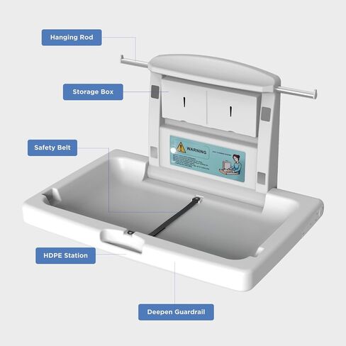 Commercial Baby Changing Station Wall Mounted, Horizontal Fold-Down Baby Changing Table, Heavy Duty 200lb Capacity, Space Saving Diaper Changing Station for Restroom & Public Facilities in Kuwait