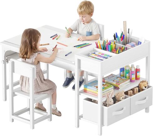 BOLUO Kids Art Table and Chair Set, Toddler Craft Table with Storage Drawers, Play Desk for Kids, Children Activity Learning Center, White in Kuwait