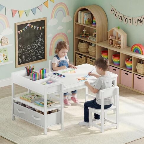 BOLUO Kids Art Table and Chair Set, Toddler Craft Table with Storage Drawers, Play Desk for Kids, Children Activity Learning Center, White in Kuwait