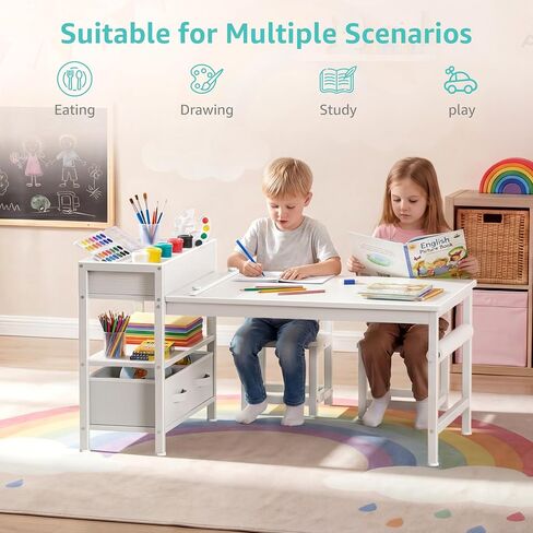 BOLUO Kids Art Table and Chair Set, Toddler Craft Table with Storage Drawers, Play Desk for Kids, Children Activity Learning Center, White in Kuwait
