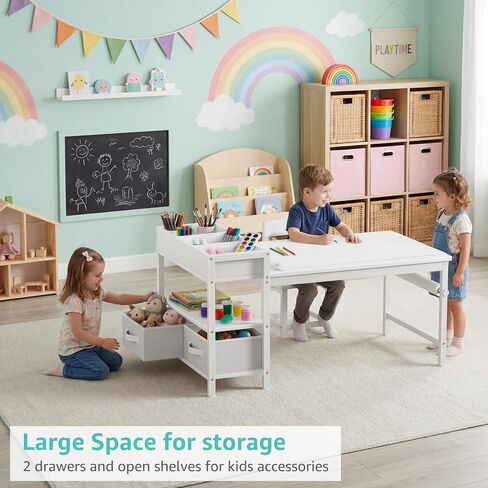 BOLUO Kids Art Table and Chair Set, Toddler Craft Table with Storage Drawers, Play Desk for Kids, Children Activity Learning Center, White in Kuwait