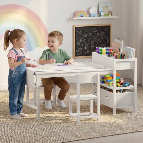 BOLUO Kids Art Table and Chair Set, Toddler Craft Table with Storage Drawers, Play Desk for Kids, Children Activity Learning Center, White in Kuwait