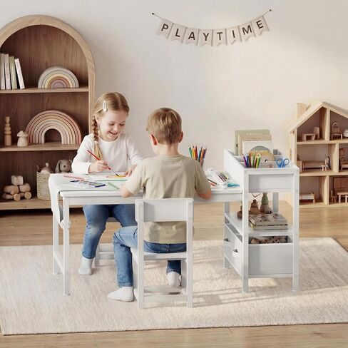 BOLUO Kids Art Table and Chair Set, Toddler Craft Table with Storage Drawers, Play Desk for Kids, Children Activity Learning Center, White in Kuwait